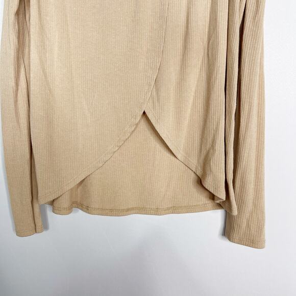 New Cherish Large L Taupe Peach Open Back Cold Shoulder Long Sleeve Tee Tshirt - Picture 7 of 9